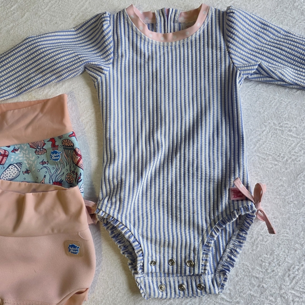 Ruffle Butts Blue Seersucker Stripe UPF Swim 6-12 Months W/ 2 Swim Diaper Covers
